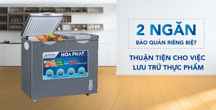 Tủ đông Hòa Phát có 2 ngăn riêng biệt để lấy đồ theo từng khu thuận tiện hơn