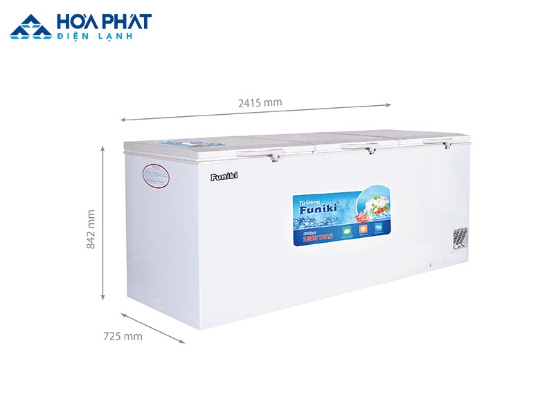 Với kích thước 2415 x 725 x 842 mm, tủ đông Funiki HCF-1300S1PĐ3.N có dung tích khoảng 742 lít