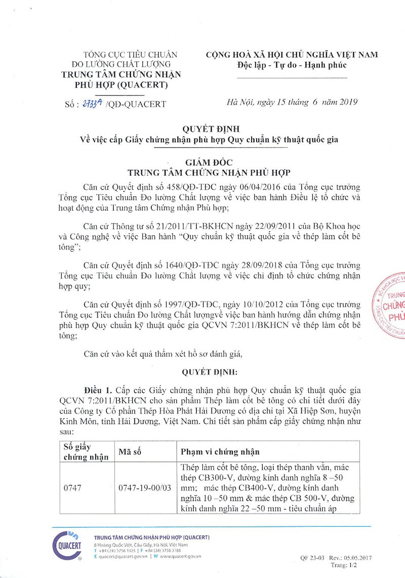 chứng chỉ chất lượng thép hòa phát 1