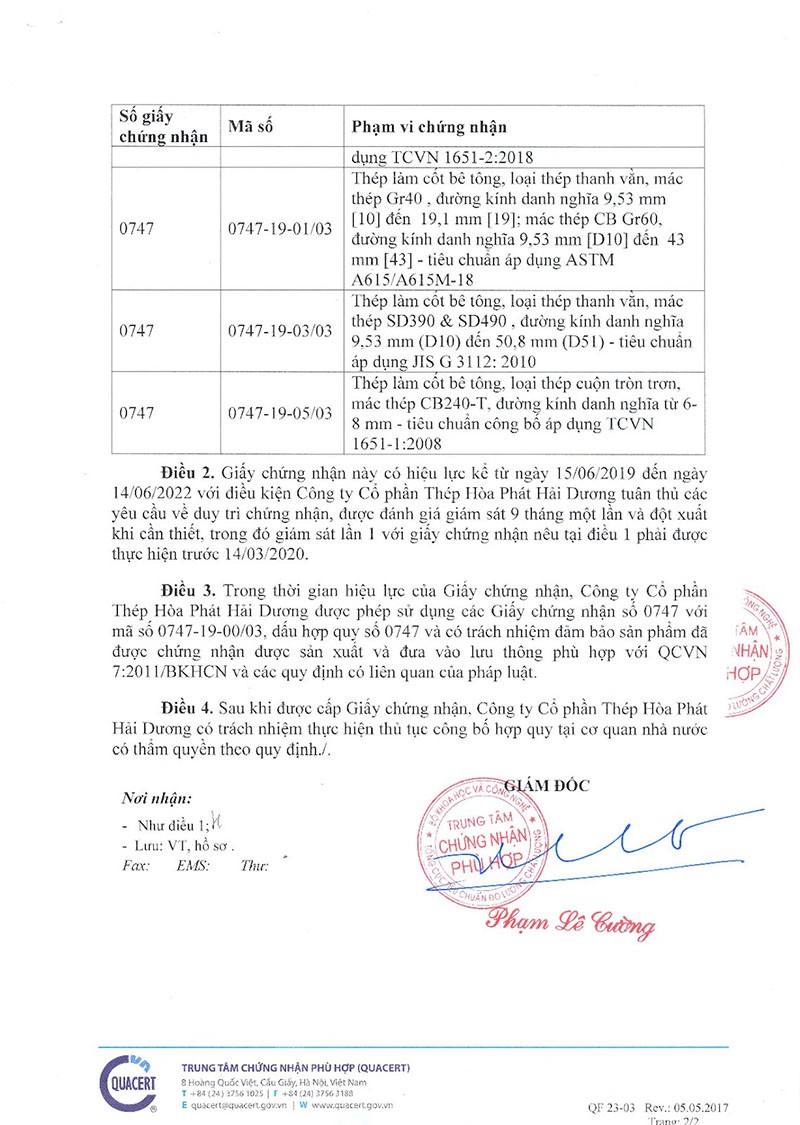 chứng chỉ chất lượng thép hòa phát 2