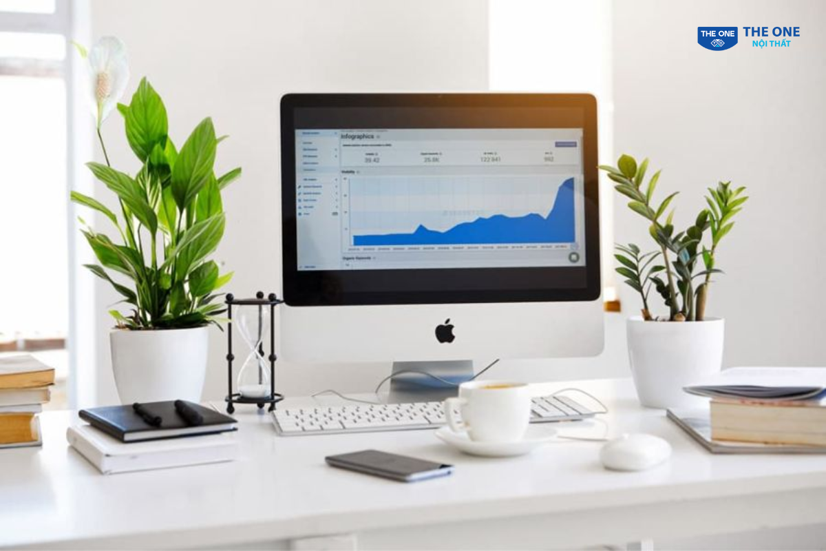 Cây trầu bà hoặc kim tiền đặt cạnh bàn làm việc giúp hóa giải phong thủy và thanh lọc không khí.