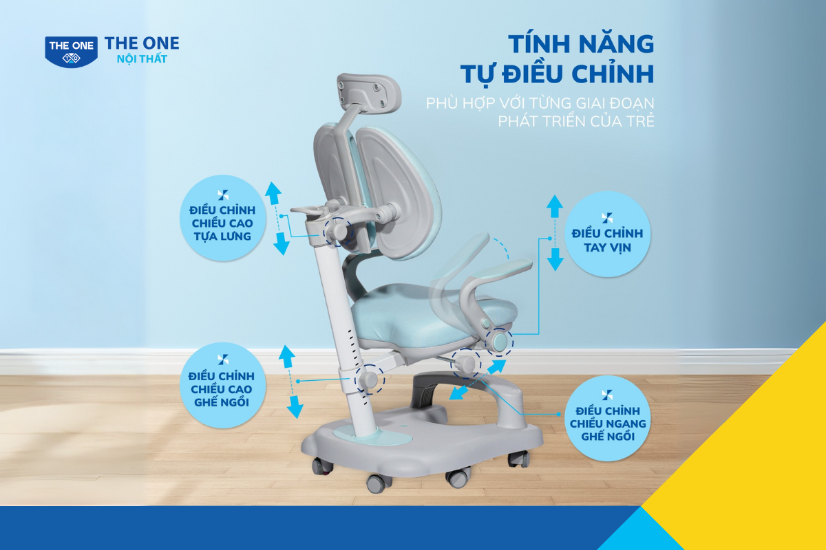 Ghế có tính năng tự điều chỉnh phù hợp với từng giai đoạn phát triển của trẻ.
