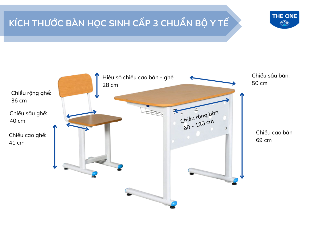 Minh họa kích thước bàn ghế học sinh trung học phổ thông theo tiêu chuẩn Bộ Y Tế – đảm bảo phù hợp với nhóm chiều cao của học sinh cấp 3.