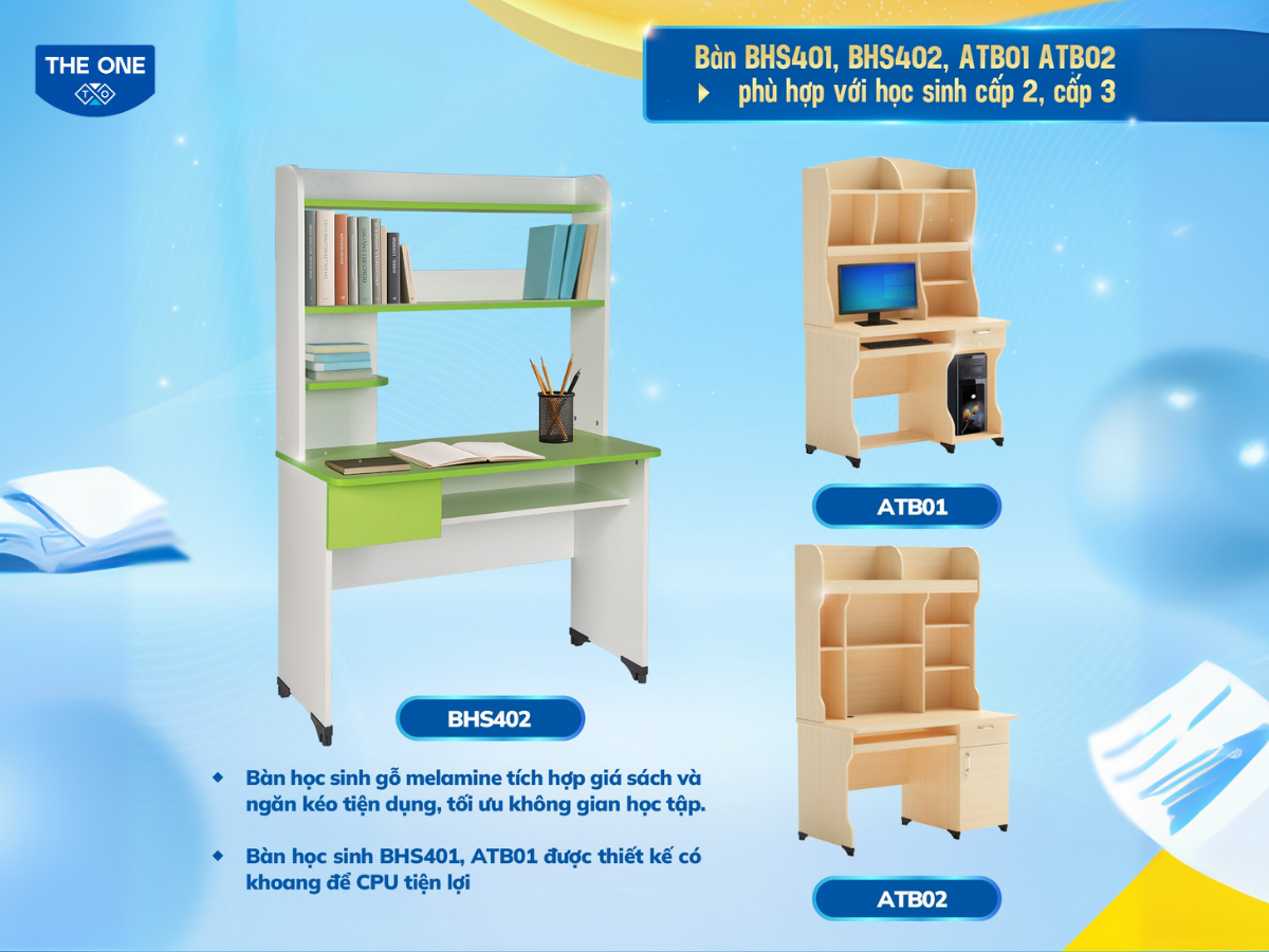 Bàn học sinh tích hợp giá sách được thiết kế thông minh, đáp ứng tiêu chuẩn Bộ Y Tế và nhu cầu học tập hiện đại.