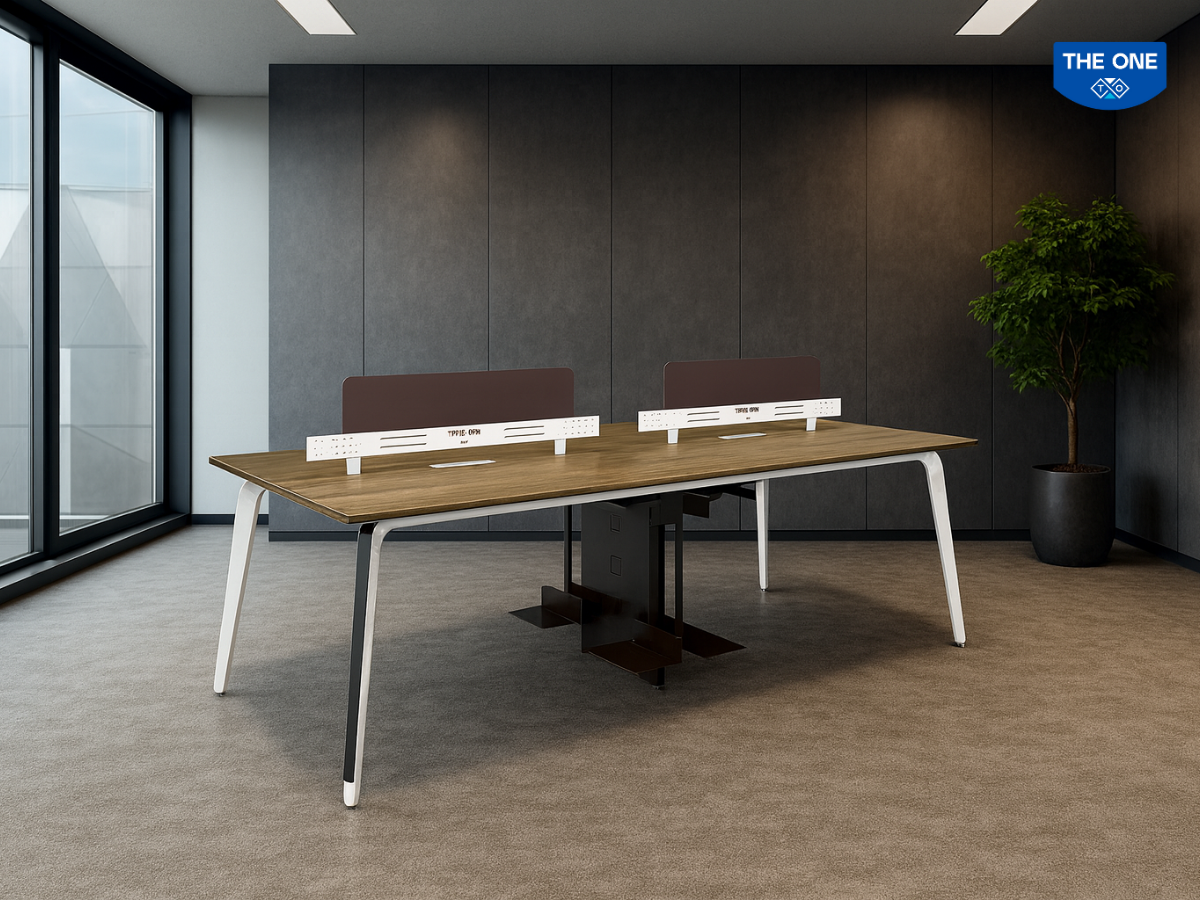 Bàn làm việc STMD01-4C16 - W2400 x D1200 x H750 - 1050mm, màu M32/M26 (nâu gỗ, đen nhám).