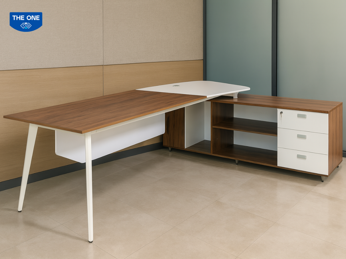 Bàn làm việc LUXP240C10 - W2400 x D1800 x H750mm, màu M6/M52 (nâu gỗ, ghi).