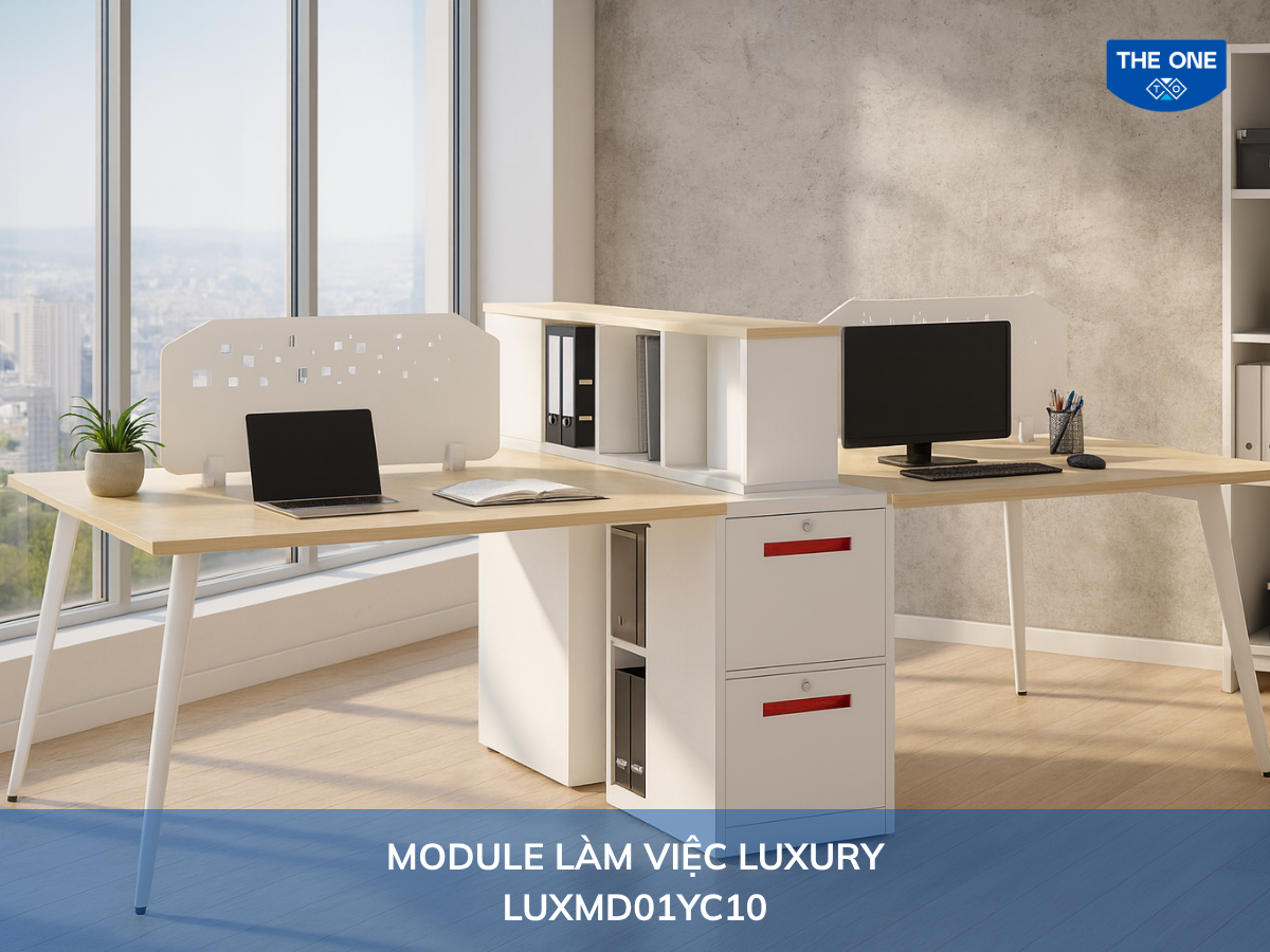 Bàn văn phòng LUXMD01YC10 - W2750 x D1200 x H750-1070mm, màu trắng, be.