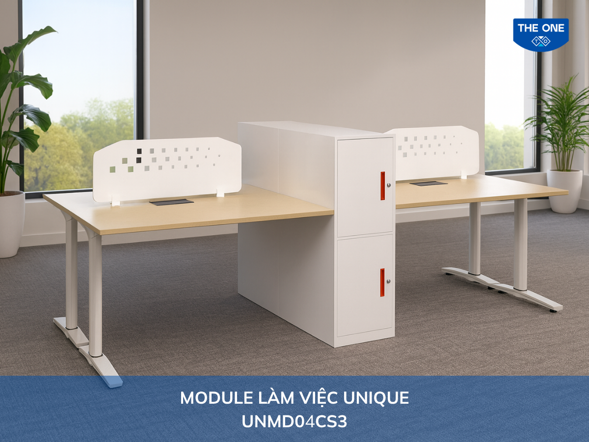 Bàn làm việc UNMD04CS3 - W2750 x D1200 x H750-1220mm, màu M14/M52 (kem, trắng).
