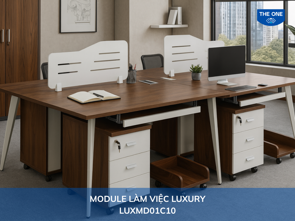 Bàn làm việc LUXMD01C10 - W2400 x D1200 x H1070mm, màu M6/M52 (nâu gỗ, trắng ghi).