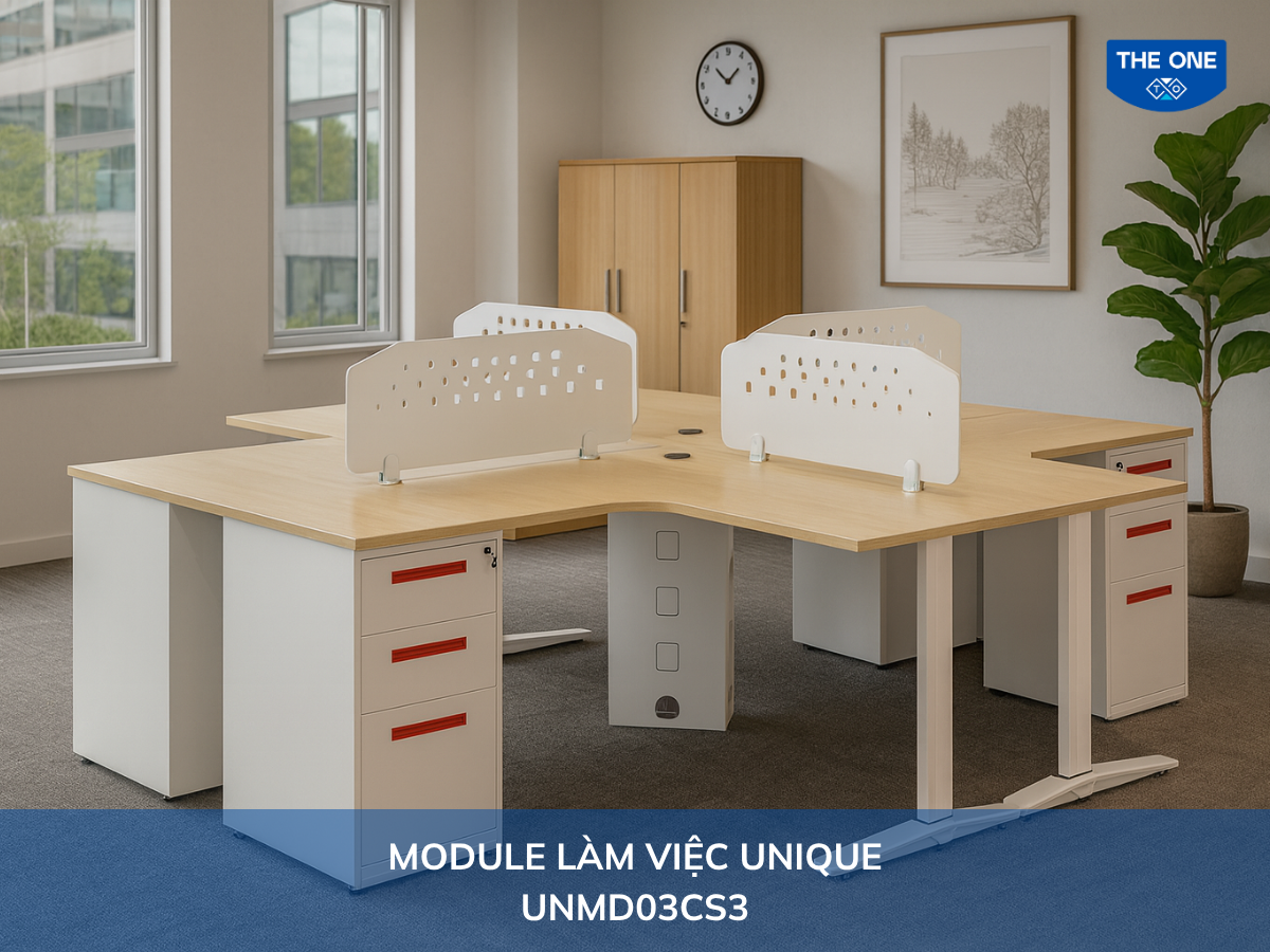 Bàn văn phòng UNMD03CS3 - W2400 x D2800 x H750mm, màu M14/M52 (kem, trắng).