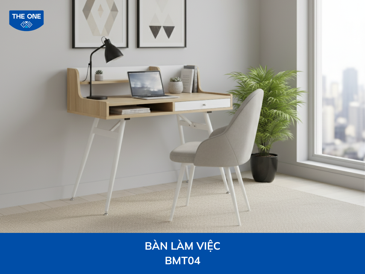 Bàn làm việc W1000 x D350 - 500 x H700 - 900mm, màu vân gỗ và trắng.