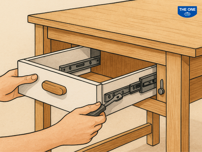 Lắp ray trượt vào hông bàn và thử trượt ngăn kéo vài lần trước khi siết chặt tất cả các ốc vít