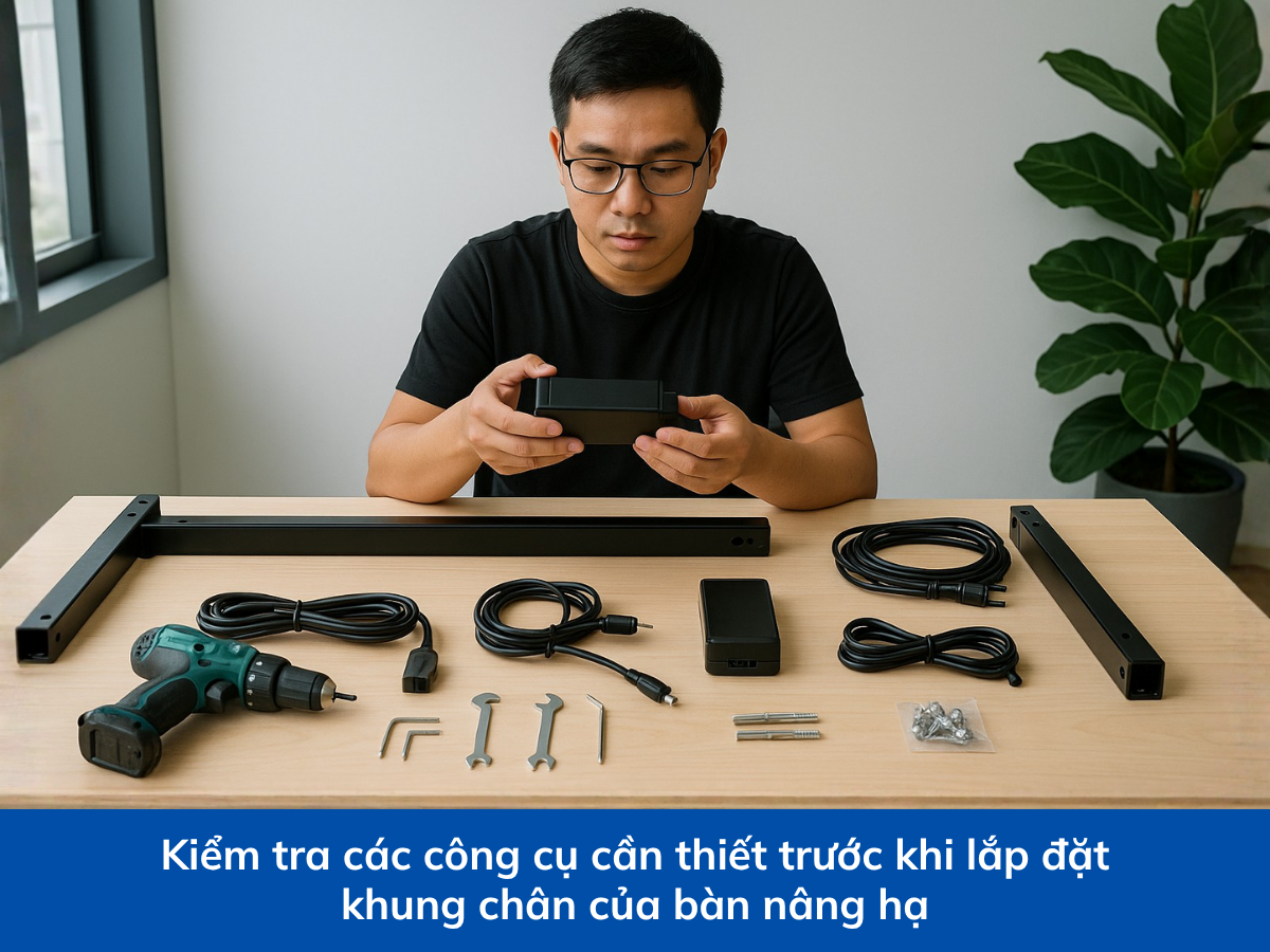 Kiểm tra các công cụ cần thiết trước khi lắp đặt khung chân của bàn nâng hạ
