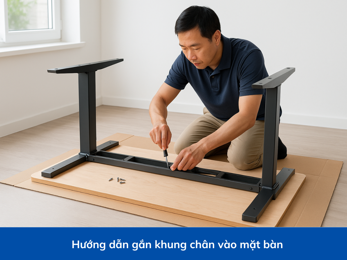 Lắp khung chân vào mặt bàn nâng hạ