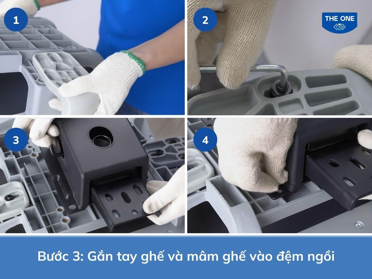 Các bước lắp tay ghế và mâm ghế vào đệm ngồi