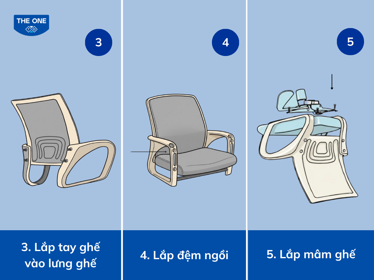 Các bước lắp ráp thân ghế xoay lưới.
