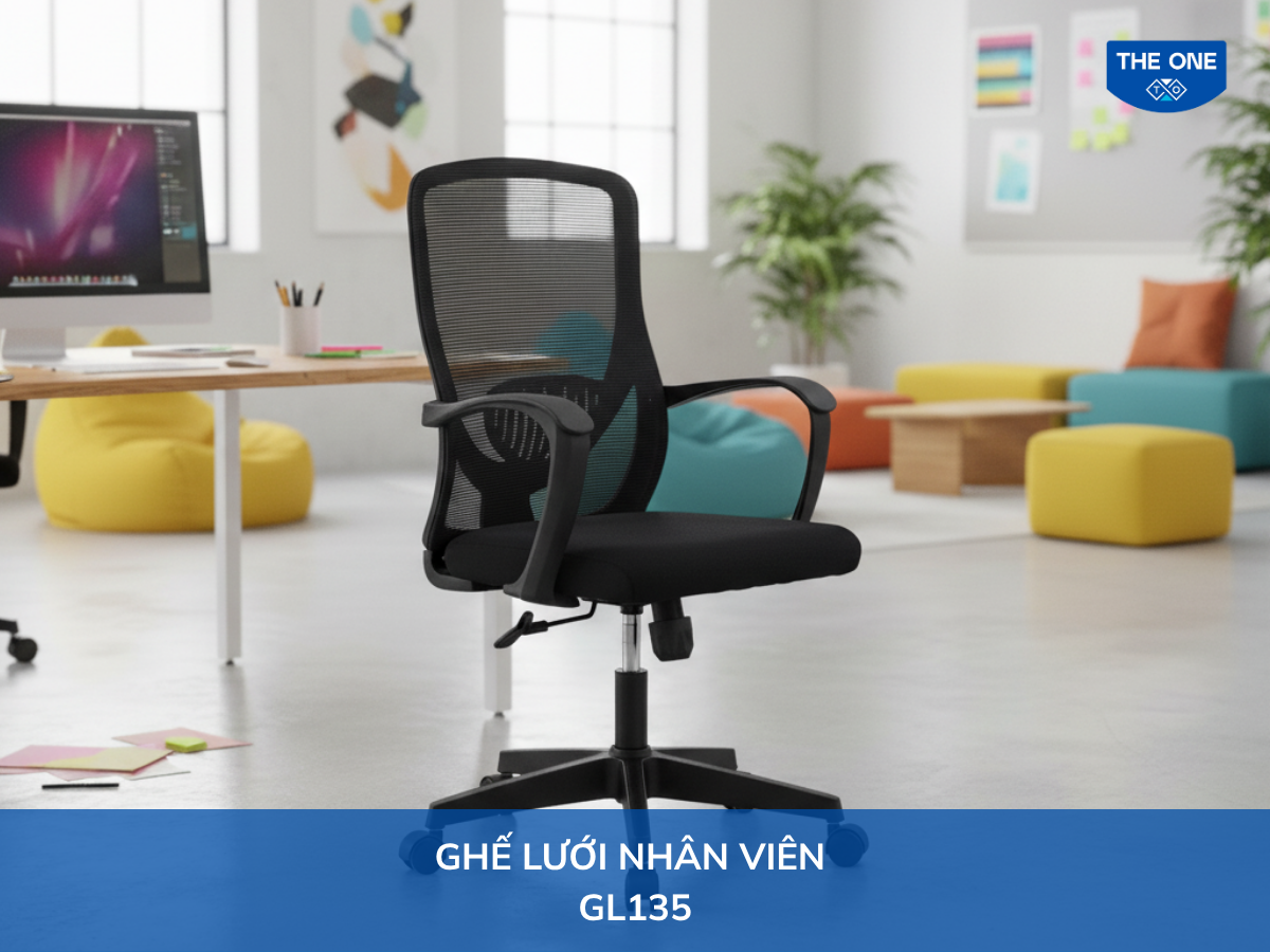 Ghế lưới nhân viên GL135, kích thước W595 x D580 x H1015 - 1115mm, màu đen.