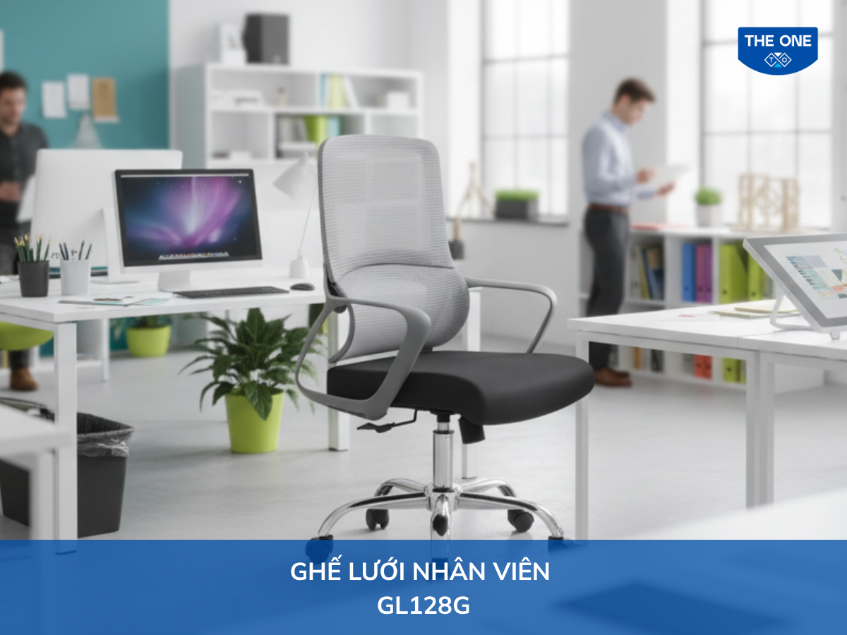Ghế lưới nhân viên GL128G, kích thước Rộng 590 x Sâu 555 x Cao 1000 - 1080mm, màu xám đen.