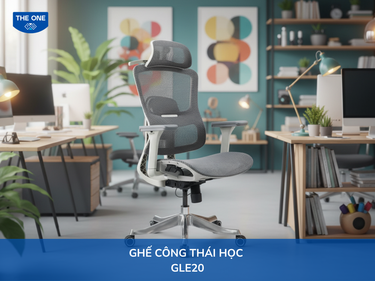 Ghế công thái học GLE23, kích thước W665 x D635 - 880 x H1200 - 1300mm, màu xám.