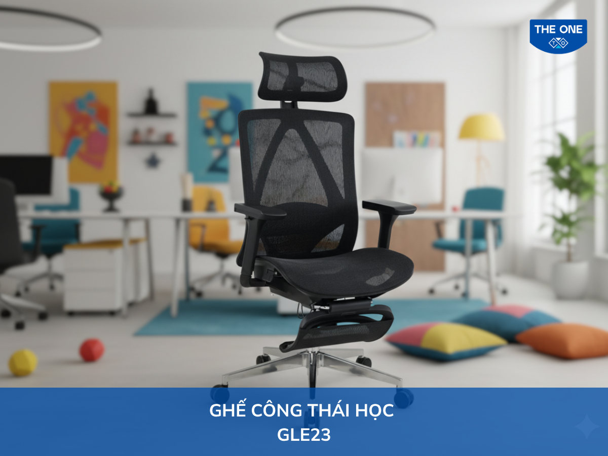 Ghế công thái học GLE23, kích thước Rộng 630 x Sâu 575 - 1295 x Cao 1128 - 11240mm, màu đen.