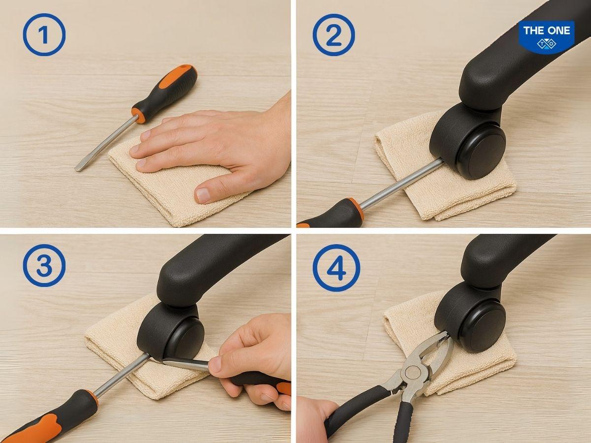 Dùng dụng cụ hỗ trợ để tháo bánh xe trục cắm trơn