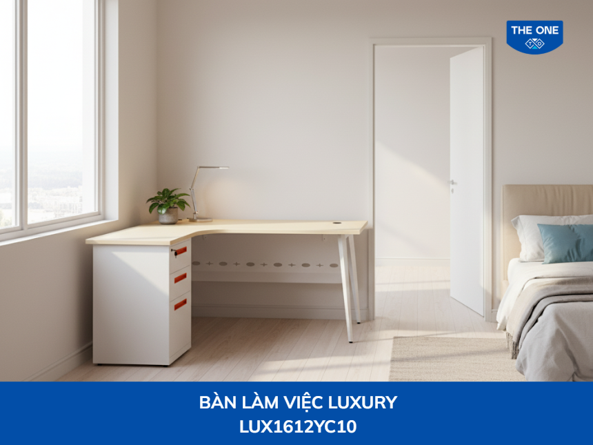 Bàn làm việc hình chữ L thiết kế thông minh tận dụng góc phòng, tạo không gian làm việc rộng rãi mà không chiếm nhiều diện tích.