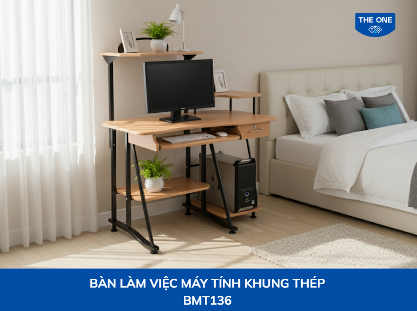 Bàn làm việc khung thép phối gỗ, phong cách hiện đại, phù hợp với phòng ngủ trẻ trung.