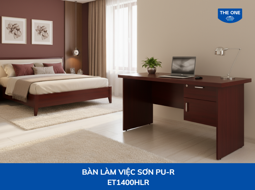 Bàn làm việc gỗ tự nhiên hình chữ nhật, có 2 ngăn kéo tiện lợi và mặt bàn rộng rãi, phù hợp với phòng ngủ phong cách Scandinavian hoặc hiện đại.