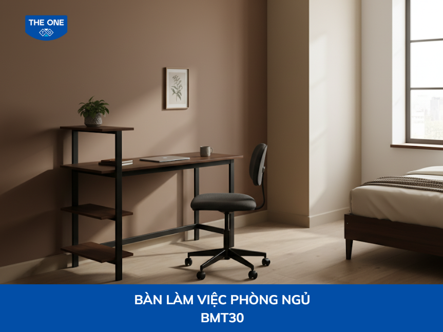 Bàn làm việc có kệ sách tích hợp, tối ưu hóa không gian lưu trữ.