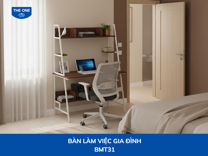 Bàn làm việc kết hợp kệ sách, vừa là nơi làm việc, vừa là không gian lưu trữ sách vở, tài liệu gọn gàng.