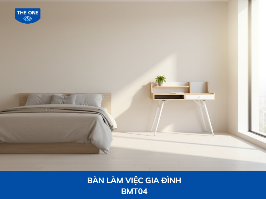 Bàn làm việc thiết kế tối giản với màu vân gỗ sáng và trắng, tạo cảm giác sạch sẽ và thoáng đãng.