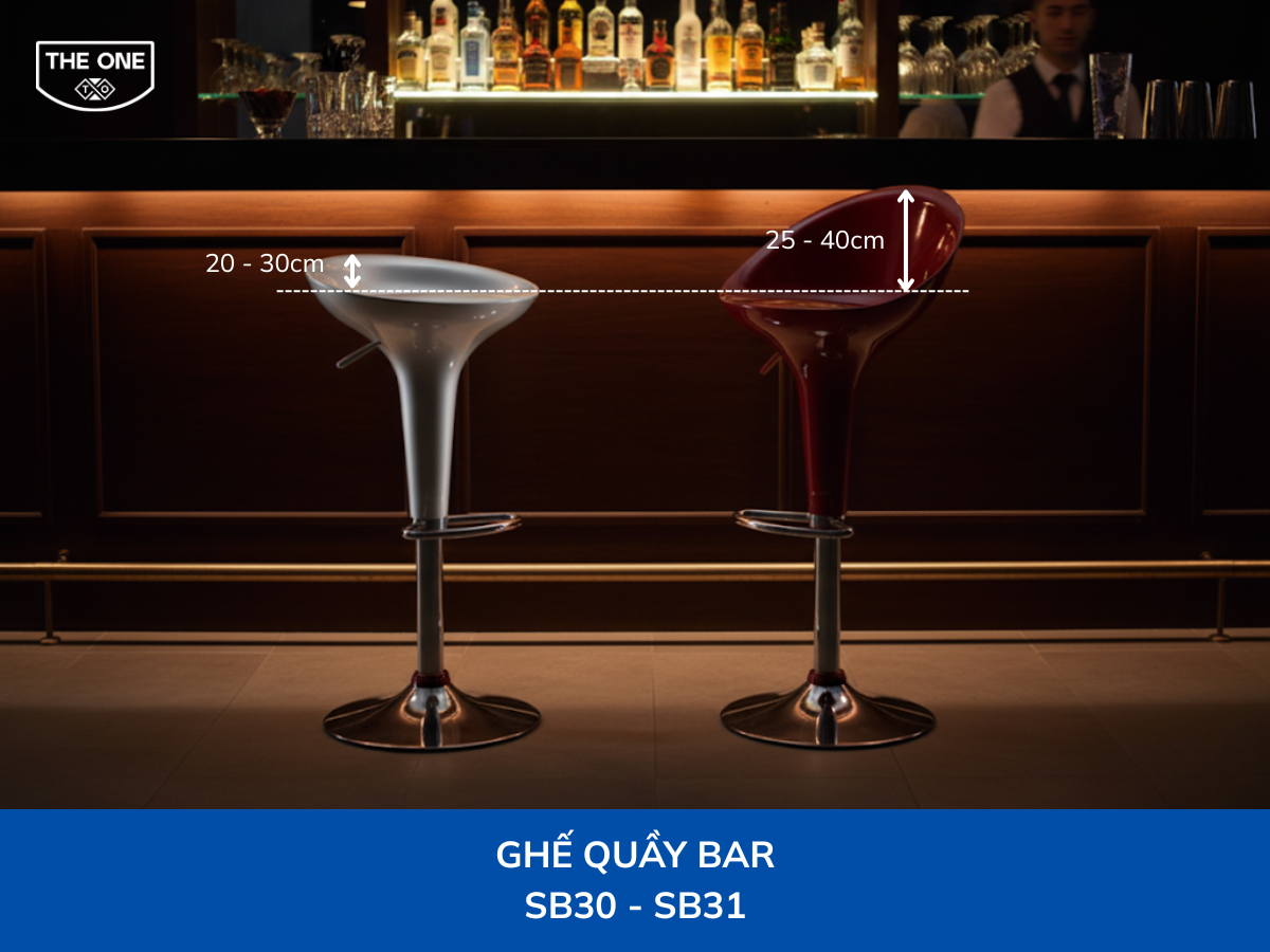 Kích thước tiêu chuẩn của ghế quầy bar có tựa lưng thấp và trung bình/cao.