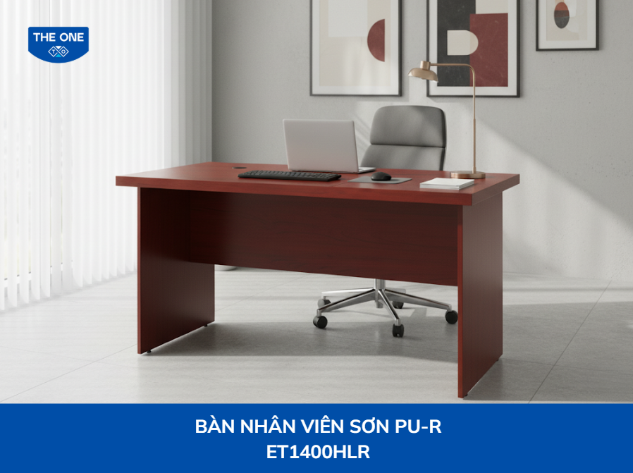 Bàn làm việc được sơn PU với mặt bàn hình chữ nhật màu nâu đỏ hợp người mệnh Thổ.