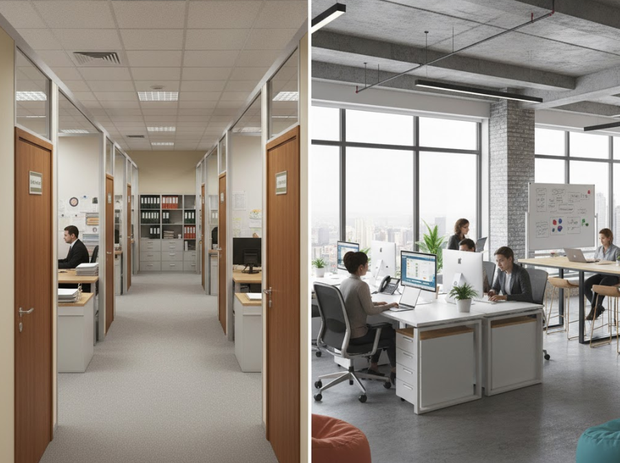 Ảnh minh họa so sánh trực quan giữa văn phòng đóng (trái) với văn phòng mở (phải).