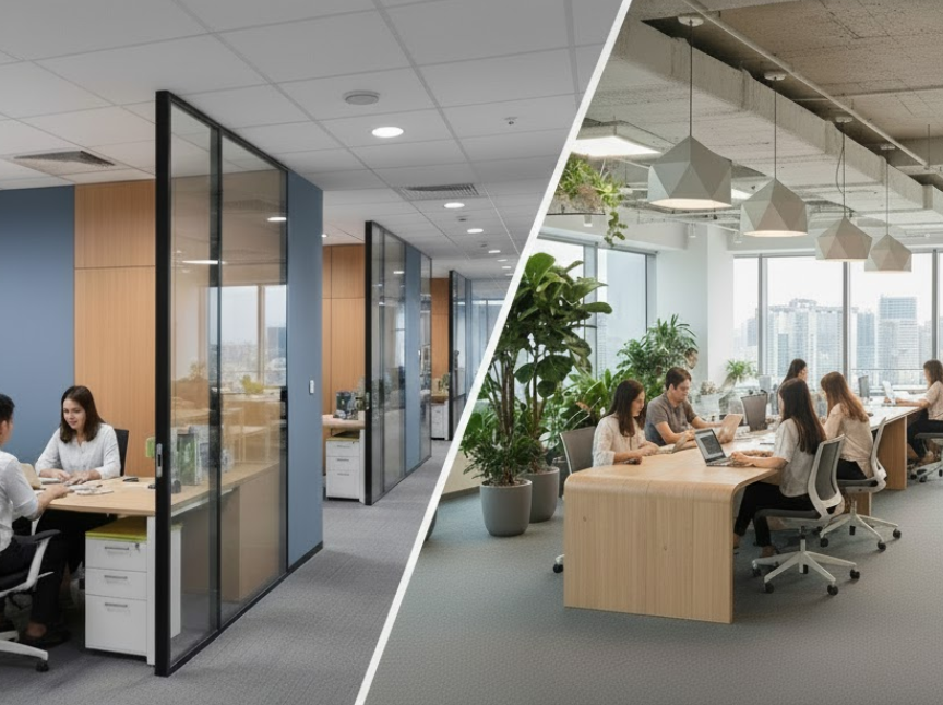 Sự khác biệt cơ bản là văn phòng đóng (có vách ngăn), văn phòng mở (không vách ngăn)