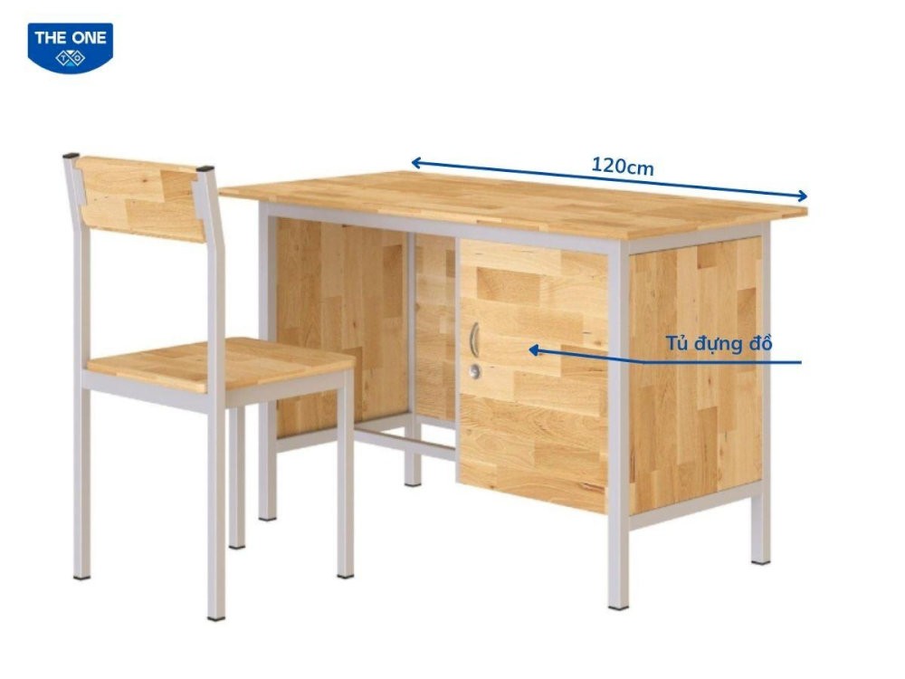 Thiết kế bàn giáo viên có chiều dài bàn tiêu chuẩn 120cm phù hợp với hầu hết không gian phòng học, kết hợp tủ đựng đồ tiện lợi