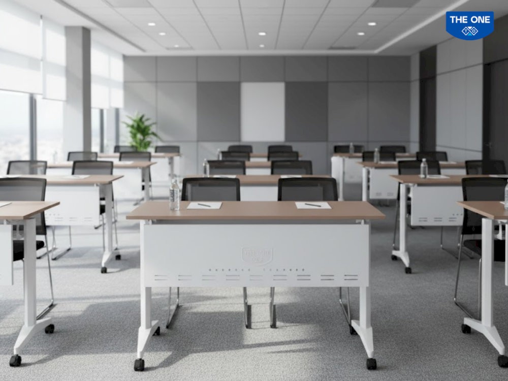 Bàn hội trường khung thép với thiết kế hiện đại.