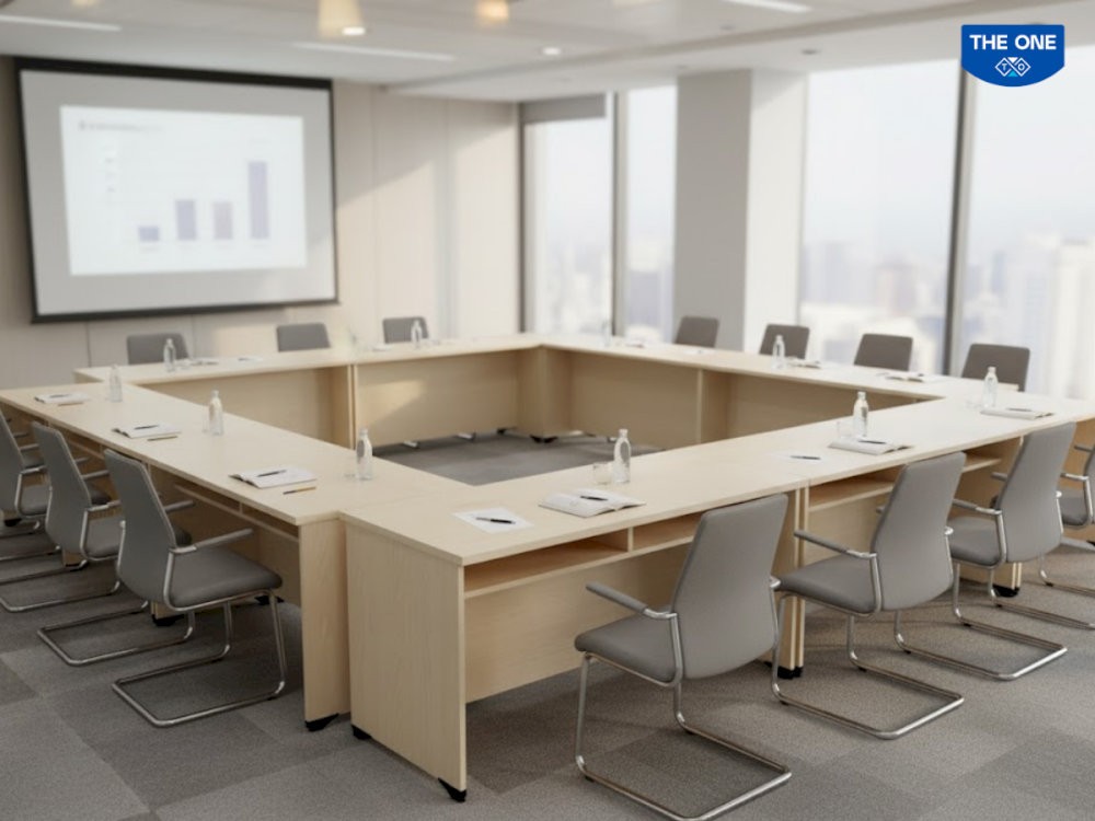 Bàn hội trường có yếm dài, đảm bảo sự riêng tư và chuyên nghiệp.