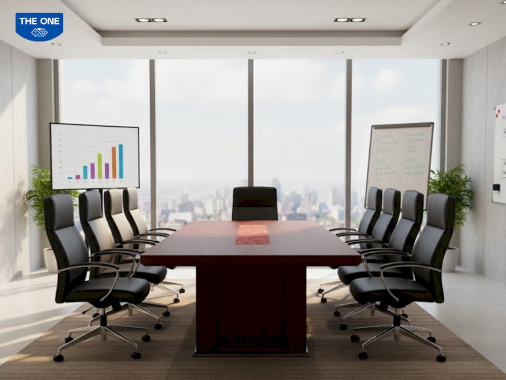 Bàn họp hình chữ nhật thể hiện sự nghiêm túc, chuyên nghiệp, thường dùng cho phòng họp chính thức hoặc phòng lớn.