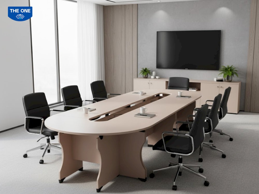 Bàn họp hình oval (bầu dục) tạo điều kiện dễ dàng trao đổi và thảo luận, phù hợp cho phòng họp nhóm nhỏ.