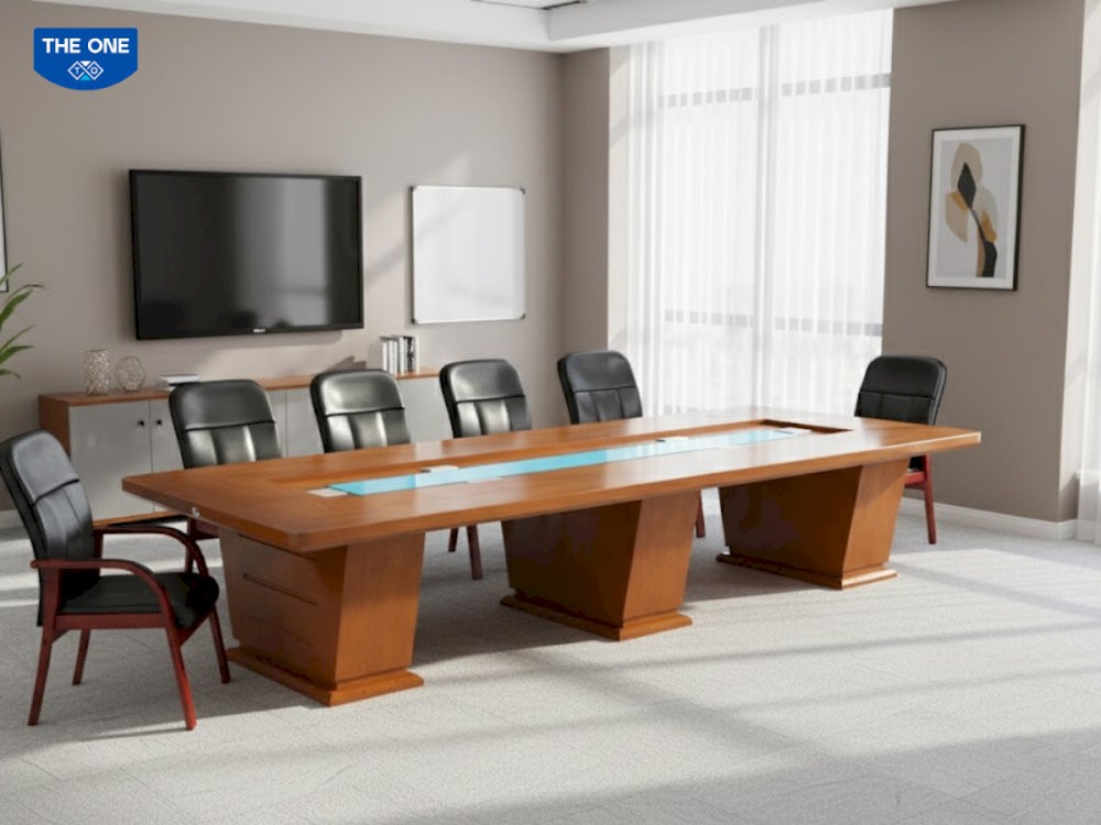 Bàn họp gỗ công nghiệp cao cấp mang lại vẻ sang trọng, bền màu, thích hợp cho phòng họp thường xuyên hoặc dự án cao cấp.