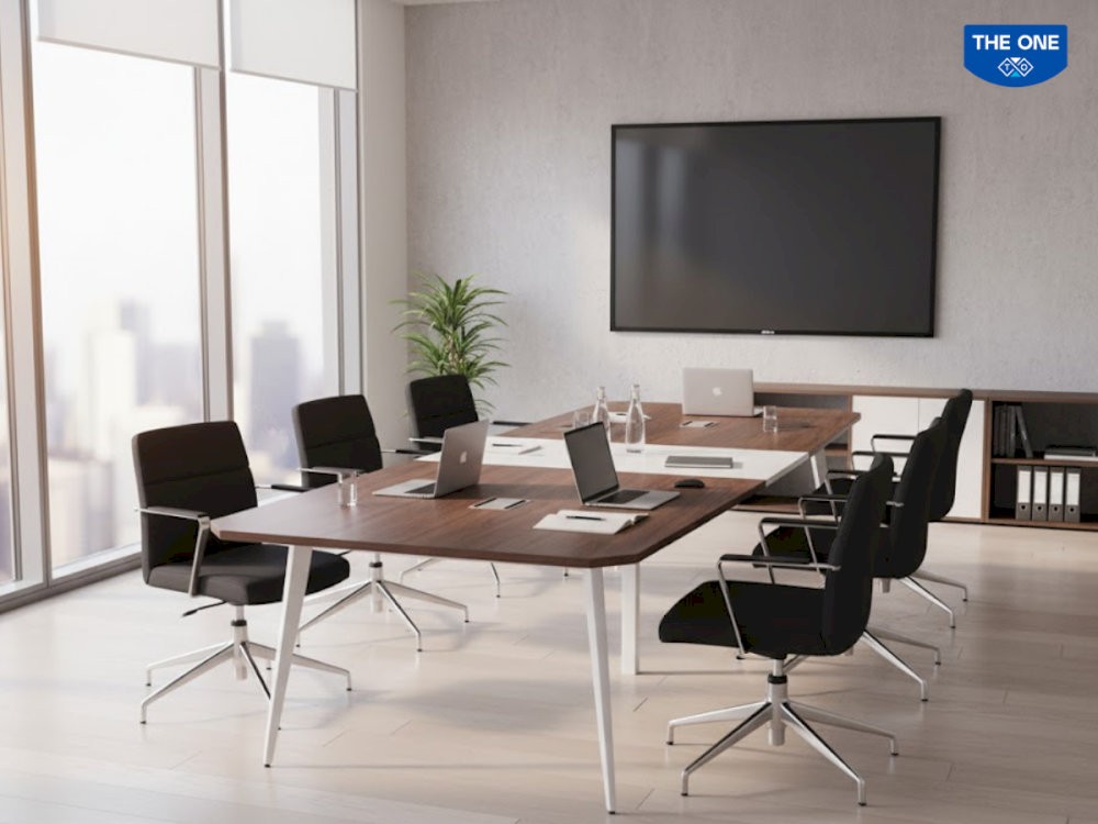 Mẫu bàn họp khung thép là lựa chọn kinh tế, phù hợp cho phòng họp chung hoặc ngân sách giới hạn.