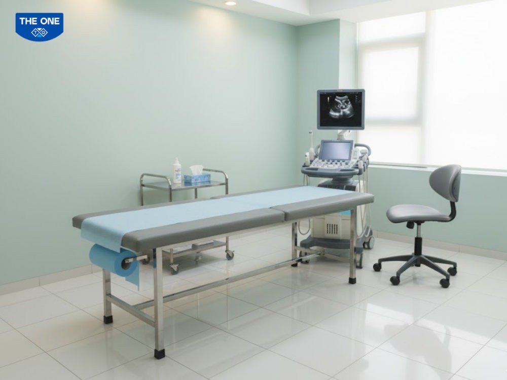 Mẫu bàn siêu âm BSA01 có mặt phẳng vững chắc, phần đầu nâng nhẹ hỗ trợ tư thế bệnh nhân khi siêu âm.