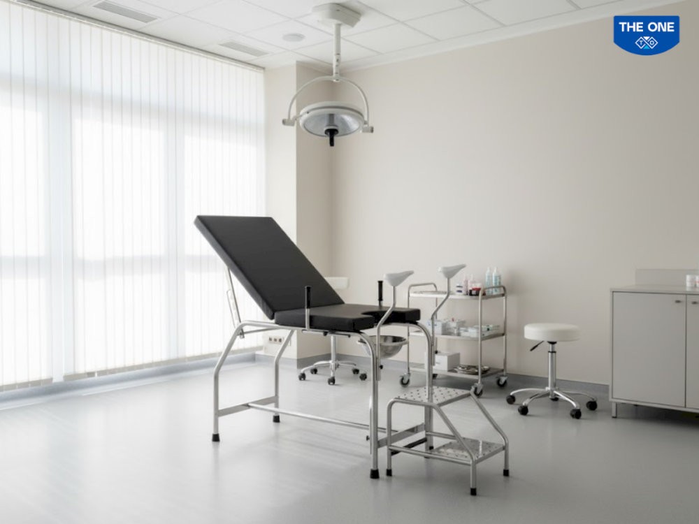 Bàn khám bệnh The One được thiết kế với kích thước tiêu chuẩn, giúp sắp xếp không gian phòng khám hợp lý, thuận tiện cho di chuyển và thao tác y tế.