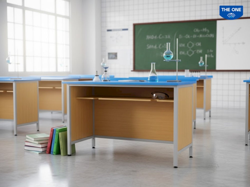 Bàn thí nghiệm học sinh BTNHS01 của Nội thất The One có thiết kế tiêu chuẩn học đường, mặt bàn Composite kháng hóa chất, phù hợp cho các tiết thực hành khoa học cơ bản.
