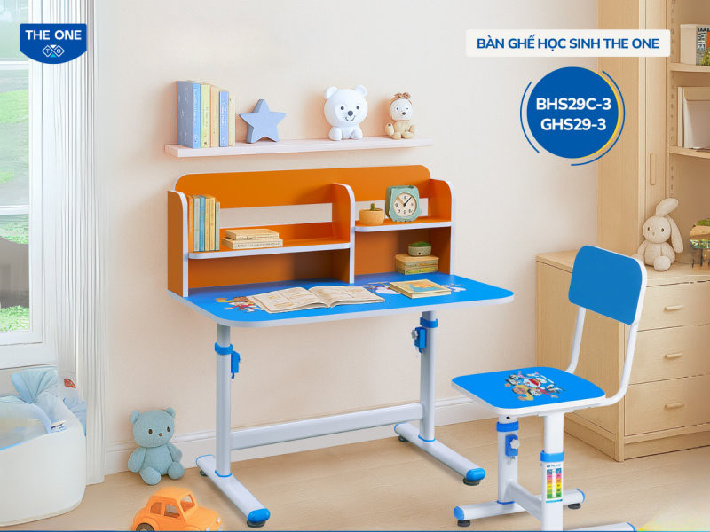 Bàn ghế học sinh cấp 1, 2 với thiết kế khoa học, tạo không gian học tập ngăn nắp.