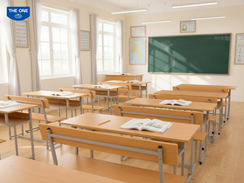 Bàn ghế học sinh dành cho trường học với mặt bàn rộng, thuận tiện cho việc học tập lâu dài.