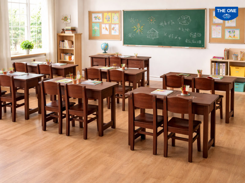 Bàn ghế lớp học được làm từ gỗ tự nhiên, bền đẹp và thân thiện với môi trường.