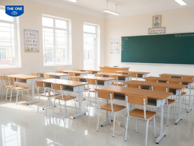 Không gian lớp học tiêu chuẩn sử dụng bộ bàn ghế học sinh The One với khung thép sơn tĩnh điện bền bỉ và mặt gỗ melamine cao cấp, đảm bảo sự đồng bộ và chuyên nghiệp.