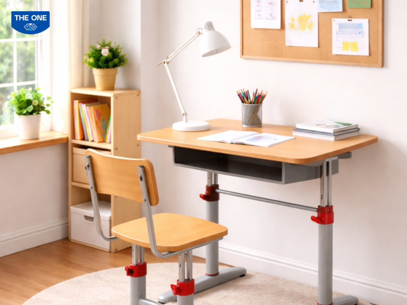 Mẫu bàn học sinh đơn được yêu thích tại Nội thất The One với phần khung thép sơn tĩnh điện màu trắng.